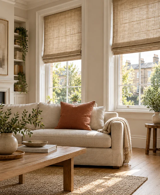 Linen Roman blinds over tall sash windows