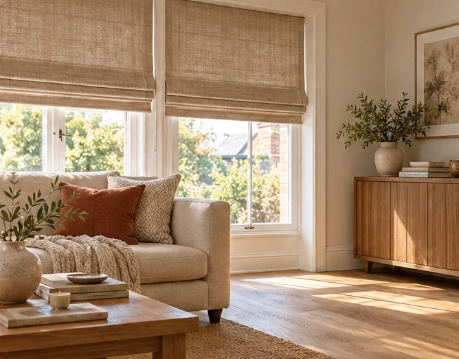 Linen Roman blinds in a sunlit living room
